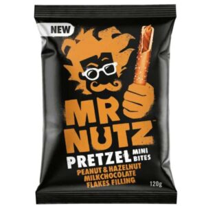 Mr Nutz Peanut and Hazelnut Milk chocolate Flakes Filling Pretzel Mini Bites, 120g