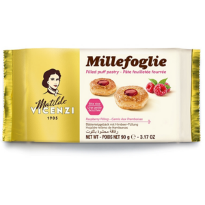 Matilde Vicenzi Millefoglie Filled Puff Pastry Raspberry Filling, 90g Matilde Vicenzi Millefoglie Filled Puff Pastry Raspberry Filling, 90g