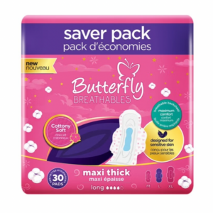 Butterfly Breathables Cottony Soft Maxi Thick Long Sanitary Pads, 30 pads Butterfly Breathables Cottony Soft Maxi Thick Long Sanitary Pads, 30 pads